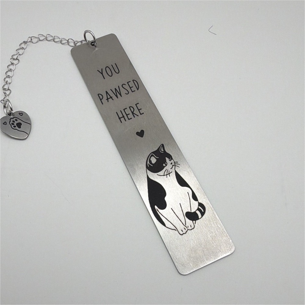 Metal Cat Bookmark Paw Heart Charm "You‎ Pawsed Here" Silver/Black